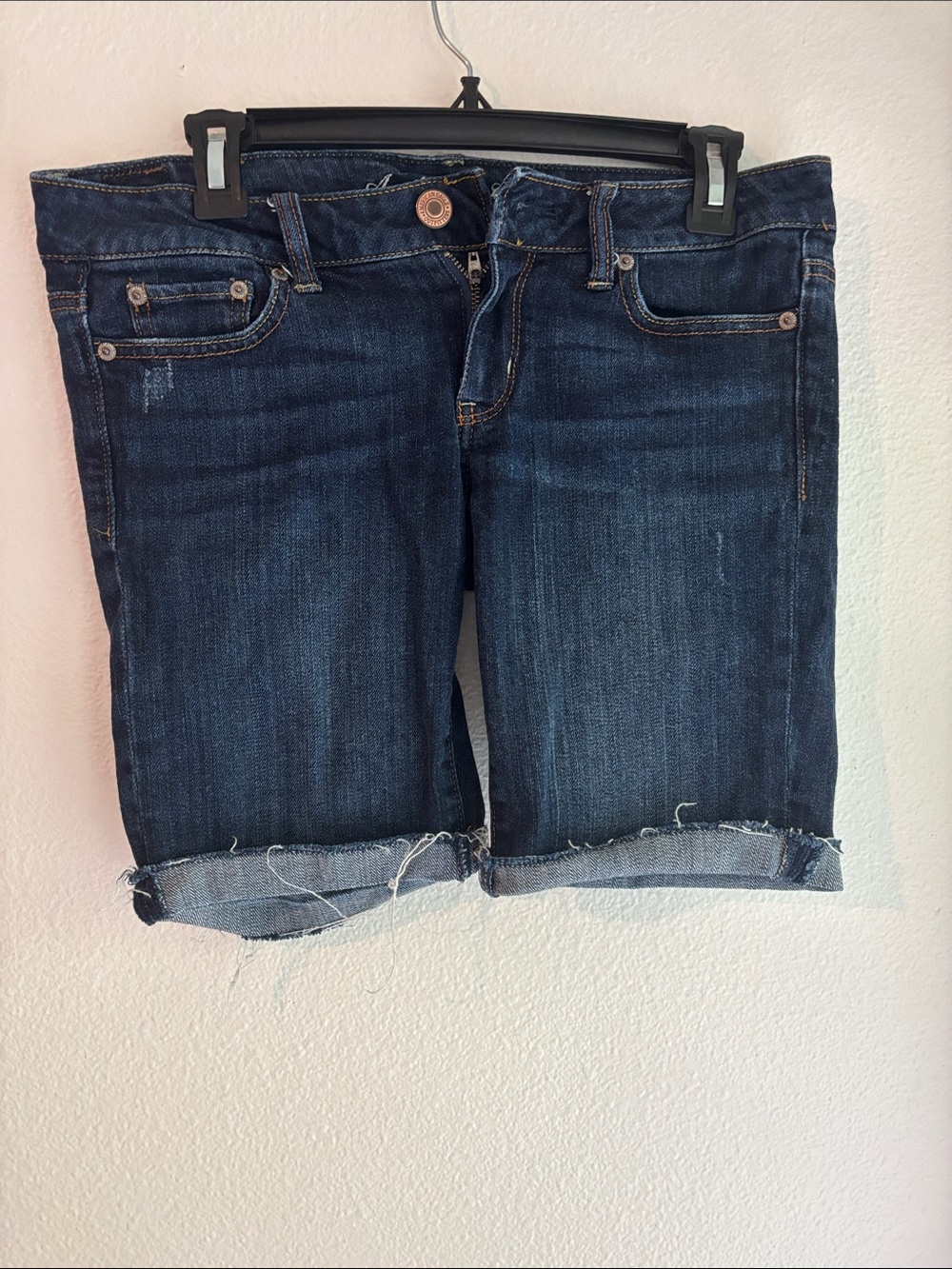American Eagle Outfitters Dark Blue Denim shorts with Brown Leather Patch